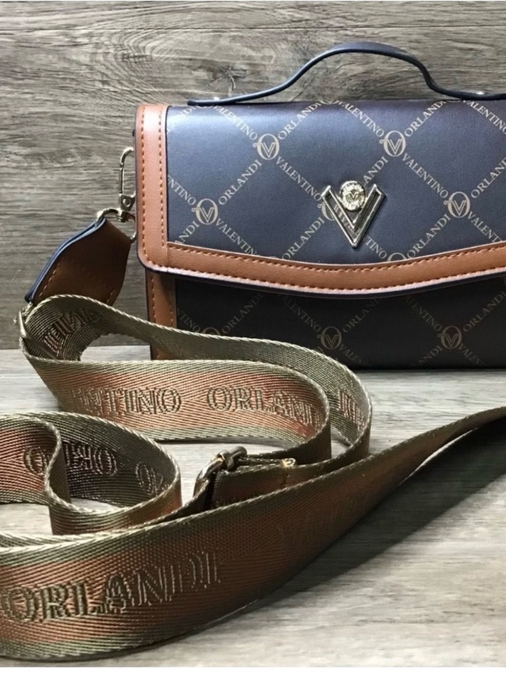 Valentino Orlandi Brown & Tan Logo Satchel with Gold Emblem
